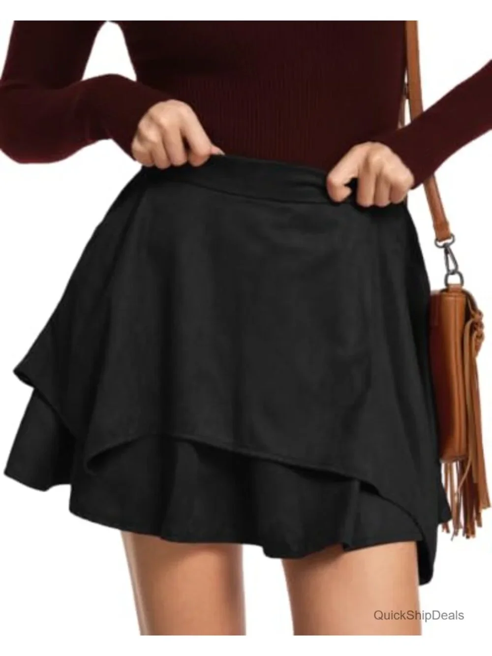 High Waisted Faux Suede Layered Mini Skirt with Pockets Western Cowgirl